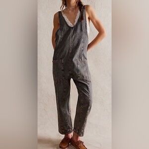 Free People We The Free High Roller Blue Denim V-Neck Overall Jumpsuit